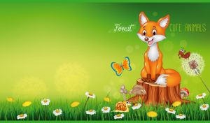 Cartoon fox on a stump with an ant and a snail in a green field of wildflowers