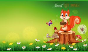 Cartoon squirrel with an acorn on a stump in a green field of wildflowers
