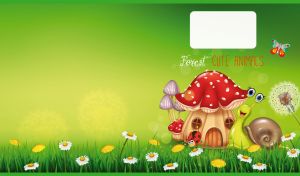 Cartoon snail smiles next to a mushroom house in a green field of wildflowers