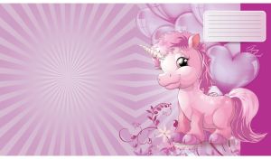 Funny unicorn and heart balloons on a pastel purple sunburst background