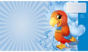 Funny red parrot and heart balloons on a pastel blue sunburst background