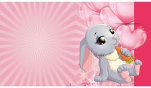 Funny bunny with carrot and heart balloons on a pastel pink sunburst background