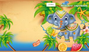 Indian elephant among palm trees on a beige-yellow sandy beach texture