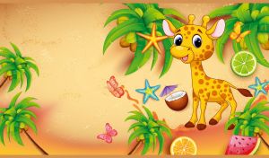 Baby giraffe among palm trees on a beige-yellow sandy beach texture