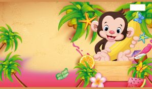 Baby monkey with banana among palm trees on a beige-yellow sandy beach texture