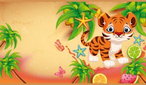 Baby tiger among palm trees on a beige-yellow sandy beach texture