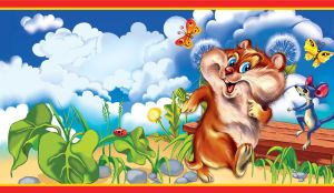 Cartoon brown hamster and a blue mouse on a walk in a lawn on a blue cloudy day