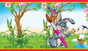 Cartoon bunny with a paintbrush in a green forest on a blue sunny day