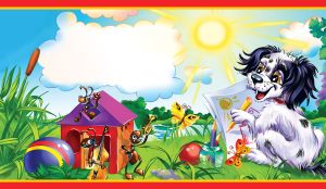 Cartoon happy dog draws pictures on the green river bank on a blue sunny day