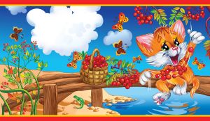 Cartoon ginger cat makes rowan berry necklace on a wooden pier on a blue day