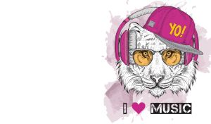Drawing of a lion's head wearing headphones and a fuchsia cap on white