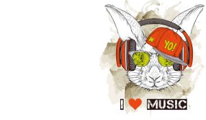 Drawing of a bunny's head wearing headphones and an orange cap on white