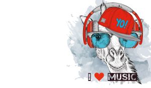 Drawing of a giraffe's head wearing headphones and a red cap on white