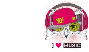 Drawing of an owl's head wearing headphones and a hot pink cap on white