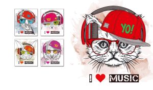 Drawing of a cat's head wearing headphones and a red cap on white