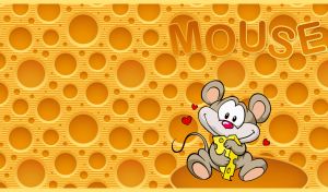 Happy mouse loves cheese on yellow cheese patterned backdrop