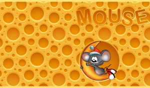 Mouse in red Santa hat hugs the crescent on yellow cheese patterned backdrop
