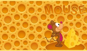 Happy mouse ready to hug a piece of cheese on yellow cheese patterned backdrop