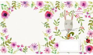 Children’s painting of a bunny with carrot in floral frame on white