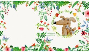 Children’s drawing of a dog with bone in floral frame on white