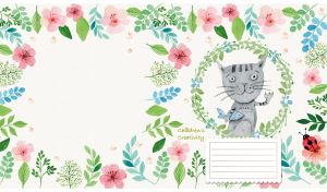 Children’s drawing of a cat with a fish in floral frame on white