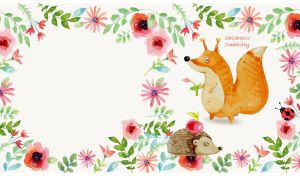 Children’s drawing of a squirrel and a hedgehog in floral frame on white