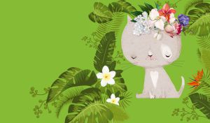 Cartoon gray cat wears a wreath of flowers on a green topical background