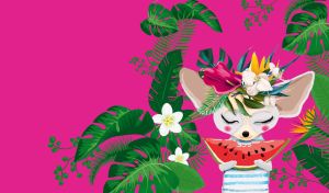 Cartoon gray desert fox eats watermelon on a fuchsia topical background