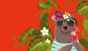 Cartoon brown bear drinks cocktail on a red topical background