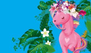 Cartoon pink pony wears a wreath of flowers on a blue topical background
