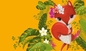 Cartoon red fox wears a wreath of flowers on a dark yellow topical background