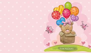 Cute teddy bear flying in a balloon box on a pastel pink polka dot background