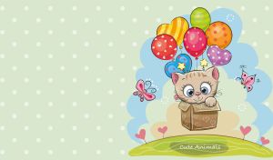 Cute kitten flying in a balloon box on a pastel green polka dot background
