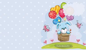 Cute puppy flying in a balloon box on a pastel navy polka dot background