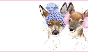 Watercolor illustration of baby deers in a knit cap and ear muffs on white