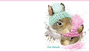 Watercolor illustration of a pair of bunnies in a knit caps on white