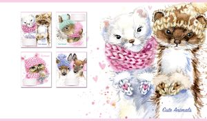 Watercolor illustration of a pair of martens in a knit cap and a scarf on white