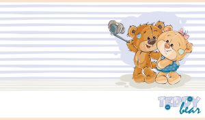 Teddy bear couple taking selfie on a striped white and pastel navy backdrop