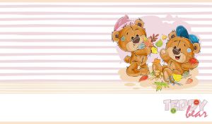 Teddy bears play with fall leaves on a striped white and pastel pink backdrop