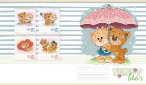 Teddy bears under the umbrella on a striped white and pastel teal backdrop