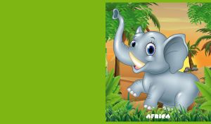 Cartoon elephant walks under the green trees against an orange sunset in Africa