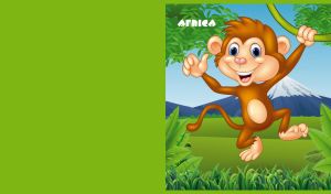 Cartoon monkey jumps on the green trees on a blue sunny day in Africa