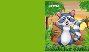 Cartoon raccoon stands under the green trees against an orange sunset in Africa