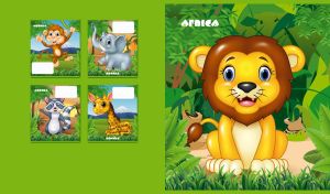 Cartoon lion sits under the green trees in an Africa jungle