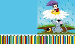 A cartoon mouse, ladybug and snail hide from the rain on a light blue background