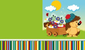 A cartoon hedgehog with a cart of flower trophies on a green-yellow background