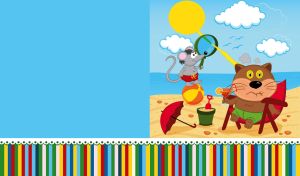 Cartoon gray mouse and brown cat have fun on a beach on a light blue background