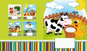 A cartoon cow, cat and bird by a bucket of milk on a lime-yellow background