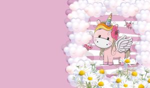 A little cartoon rainbow unicorn in a cloud frame on a pastel pink background