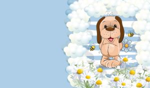 A cartoon smiley dog and bees in a cloud frame on a pastel blue background